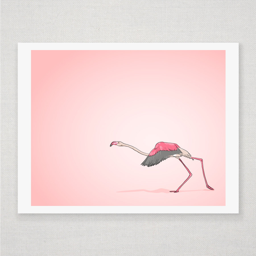 Pink Running Flamingo - Illustrated Print - 8 X 10 Archival Matte Print
