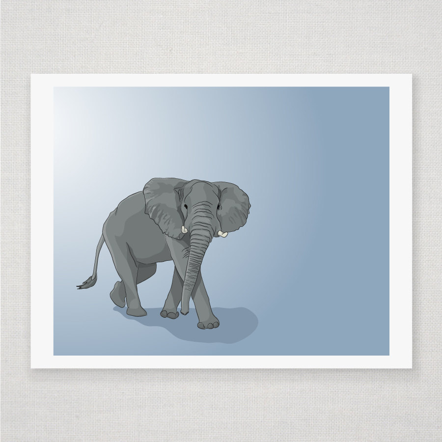 Gray Elephant On Blue - Illustrated Print - 8 X 10 Archival Matte