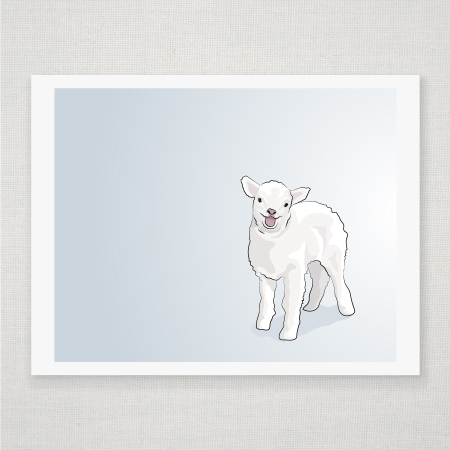 Spring Lamb - Baby Sheep On Blue - Illustrated Print - 8 X 10 Archival Matte Print