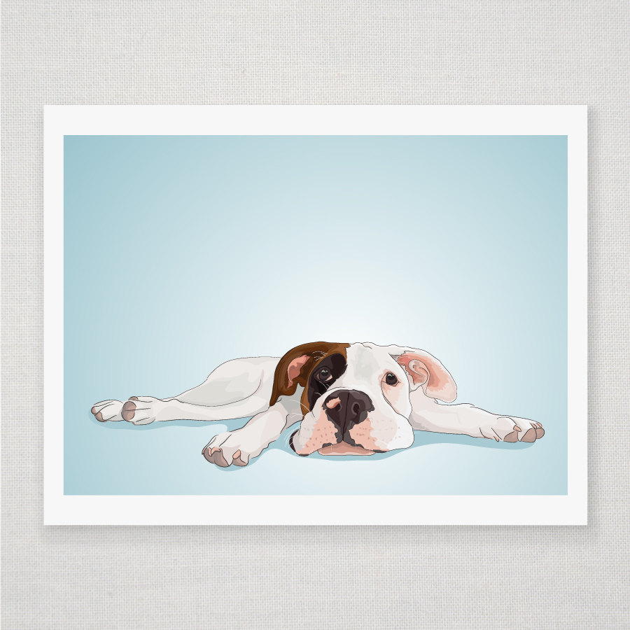 Boxer Puppy - Dog Portrait - Blue Illustrated Print - 8 X 10 Archival Matte