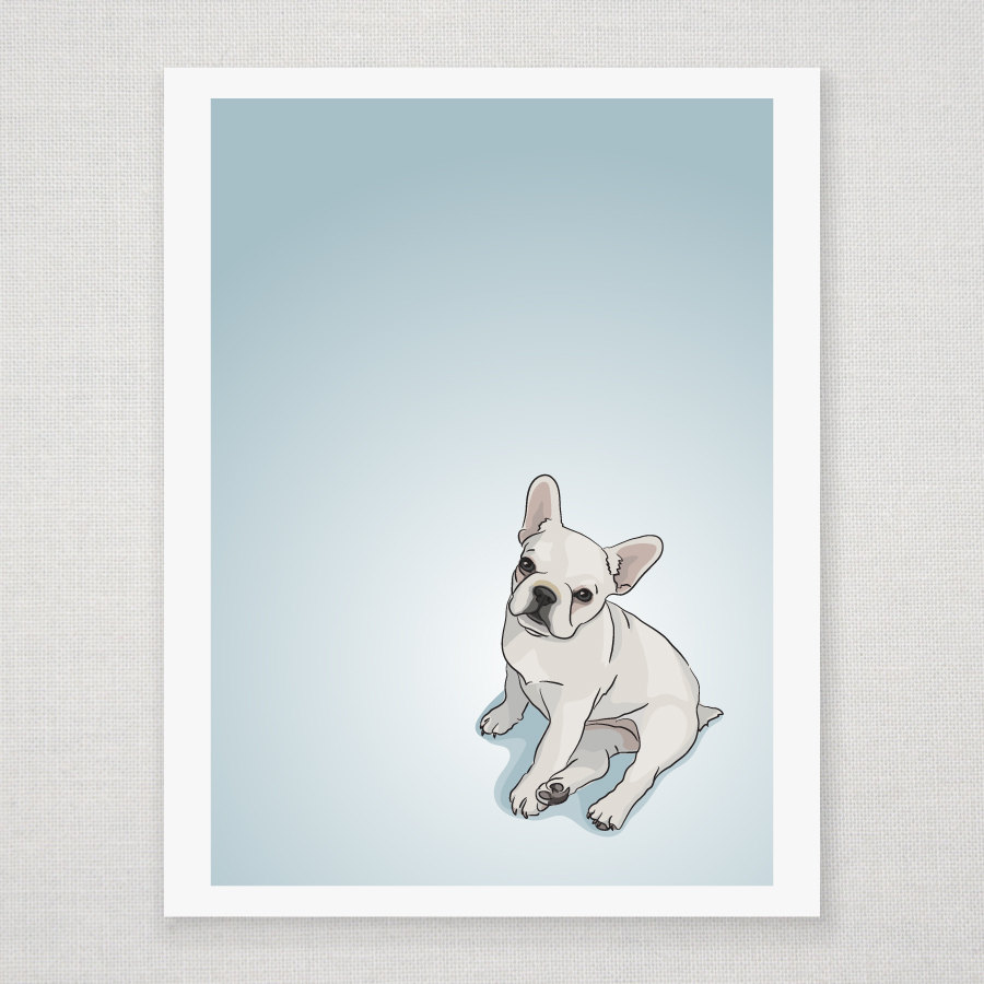 White French Bulldog Puppy - Blue Illustrated Print - 8 X 10 Archival Matte