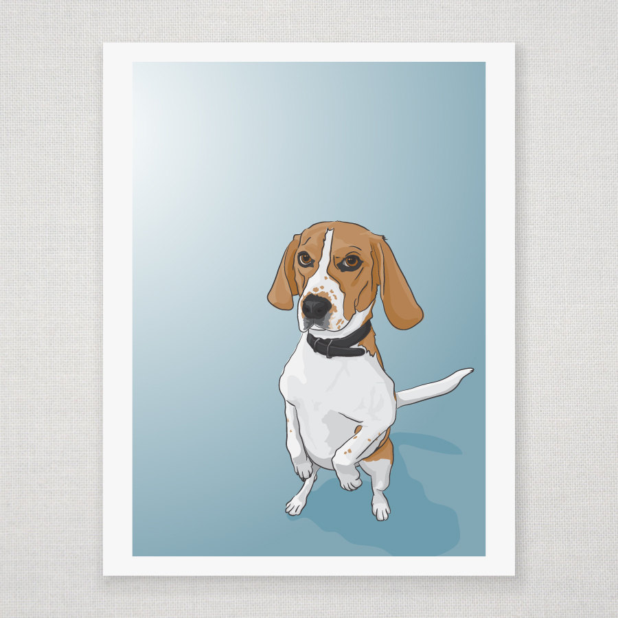 Begging Beagle Dog Portrait - Blue Illustrated Print - 8 X 10 Archival Matte