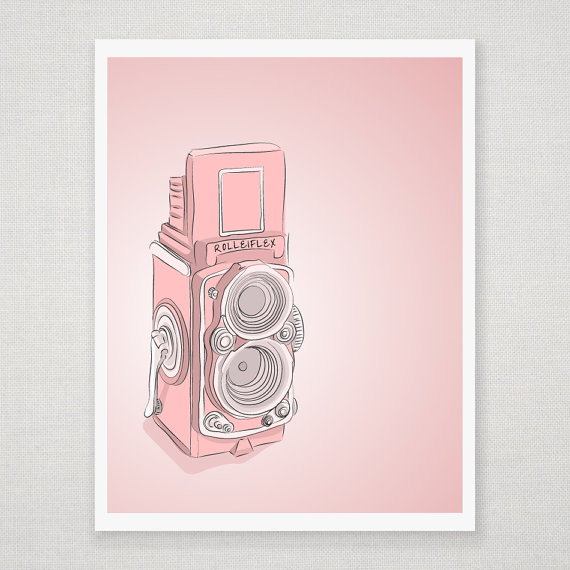 Pink Vintage Rolleiflex Camera - Illustrated Print - 5 X 7 Archival Matte