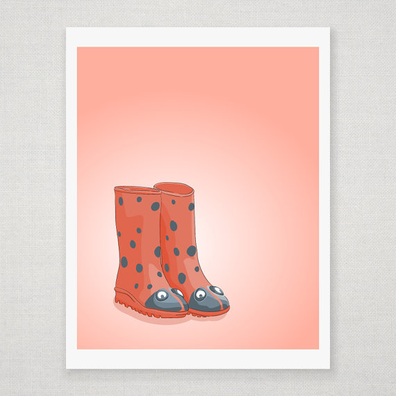 Lady Bug Rain Boots Illustration - 8 X 10 Print