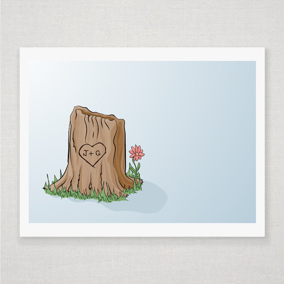 Custom Tree Stump Carved Heart And Initials On Blue - Illustrated Print - 8 X 10 Archival Matte
