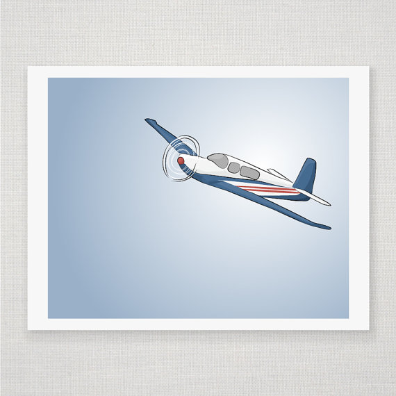 Child's Airplane - Red White And Blue - Illustrated Print - 8x10 Archival Matte - Nursery Art
