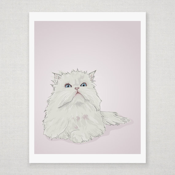 White Persian Cat On Pink - Illustrated Print - 8 X 10 Archival Matte
