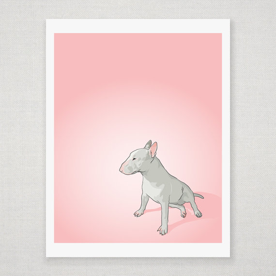 Bull Terrier Dog Portrait- Pink Illustrated Print - 5 X 7 Archival Matte Print