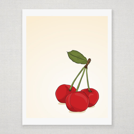 Three Red Cherries - Illustrated Print - 8 X 10 Archival Matte