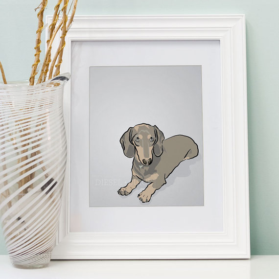 Mini Dauschund Dog Portrait - Gray Digitally Illustrated Print - 8 X 10 Archival Matte Print